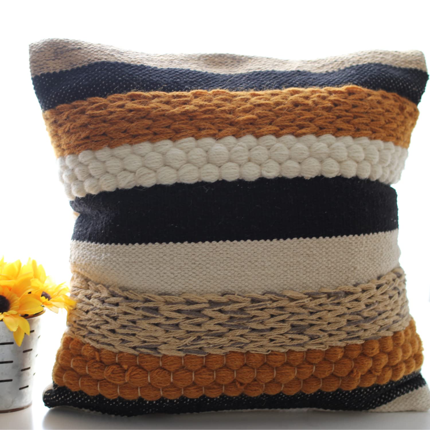 Decorative Boho Pillow Cover, 18” x 18” Square, Soft Moroccan Rustic Throw with Tufted Accents, Plush Handwoven Cotton, Neutral Farmhouse Home Decor | Made with Love and Care in India (Terracotta)