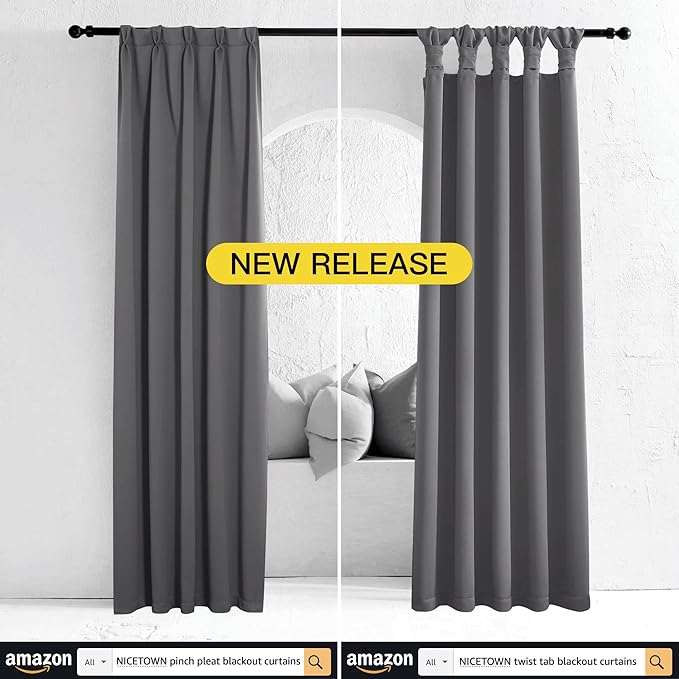 NICETOWN Grey Blackout Curtain Panels for Bedroom, Thermal Insulated Grommet Top Blackout Draperies and Drapes for Basement (2 Panels, W70 x L63-inch, Grey)