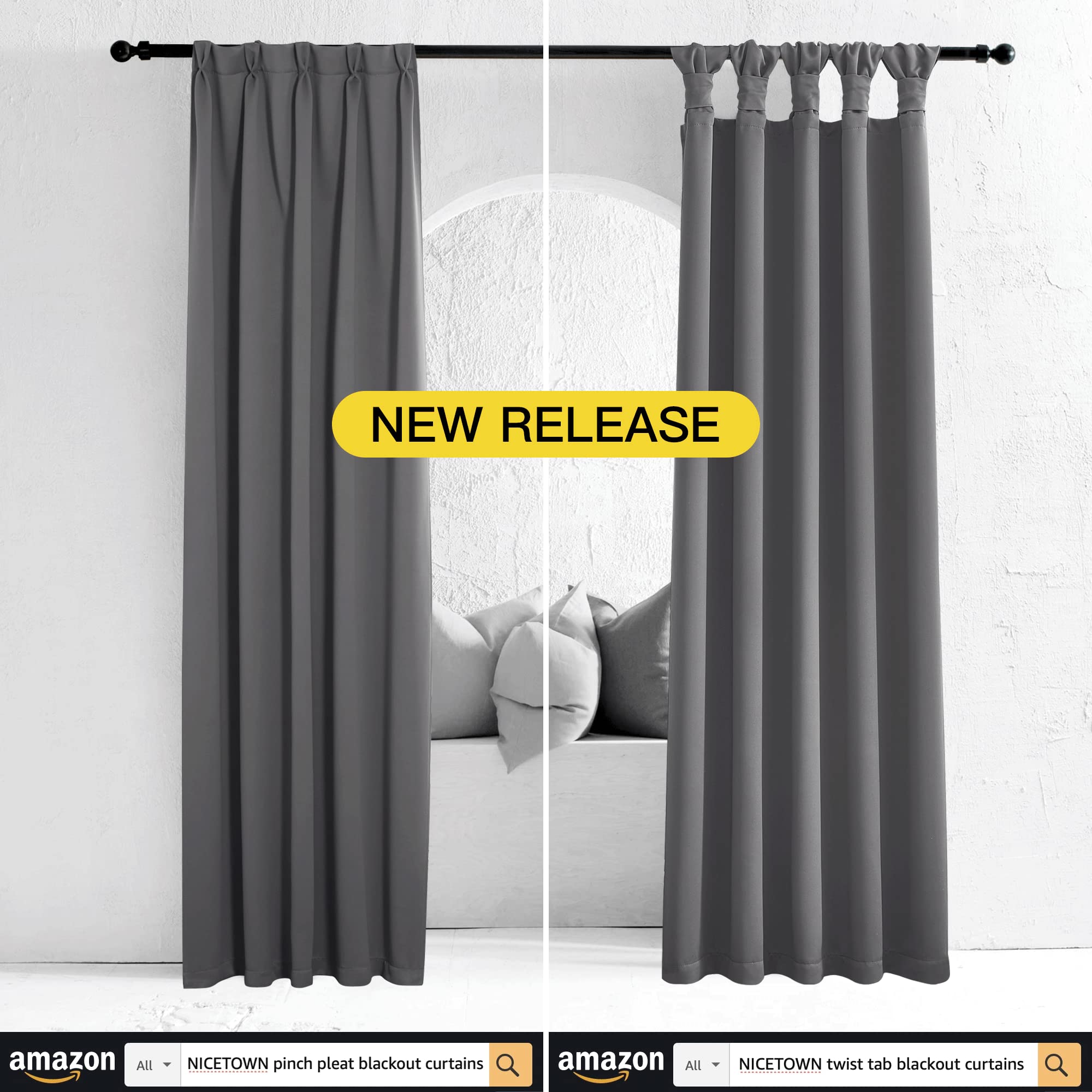 NICETOWN Grey Full Shade Curtain Panels, Pair of Energy Smart & Noise Blocking Out Blackout Drapes for Dining Room Window, Thermal Insulated Guest Room Lined Window Dressing(Gray, 52 x 72 inch)