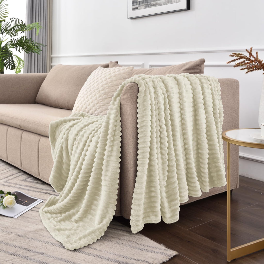 BEDELITE 3D Ribbed Jacquard Beige Blankets Queen Size for Bed, 90x90 Inch