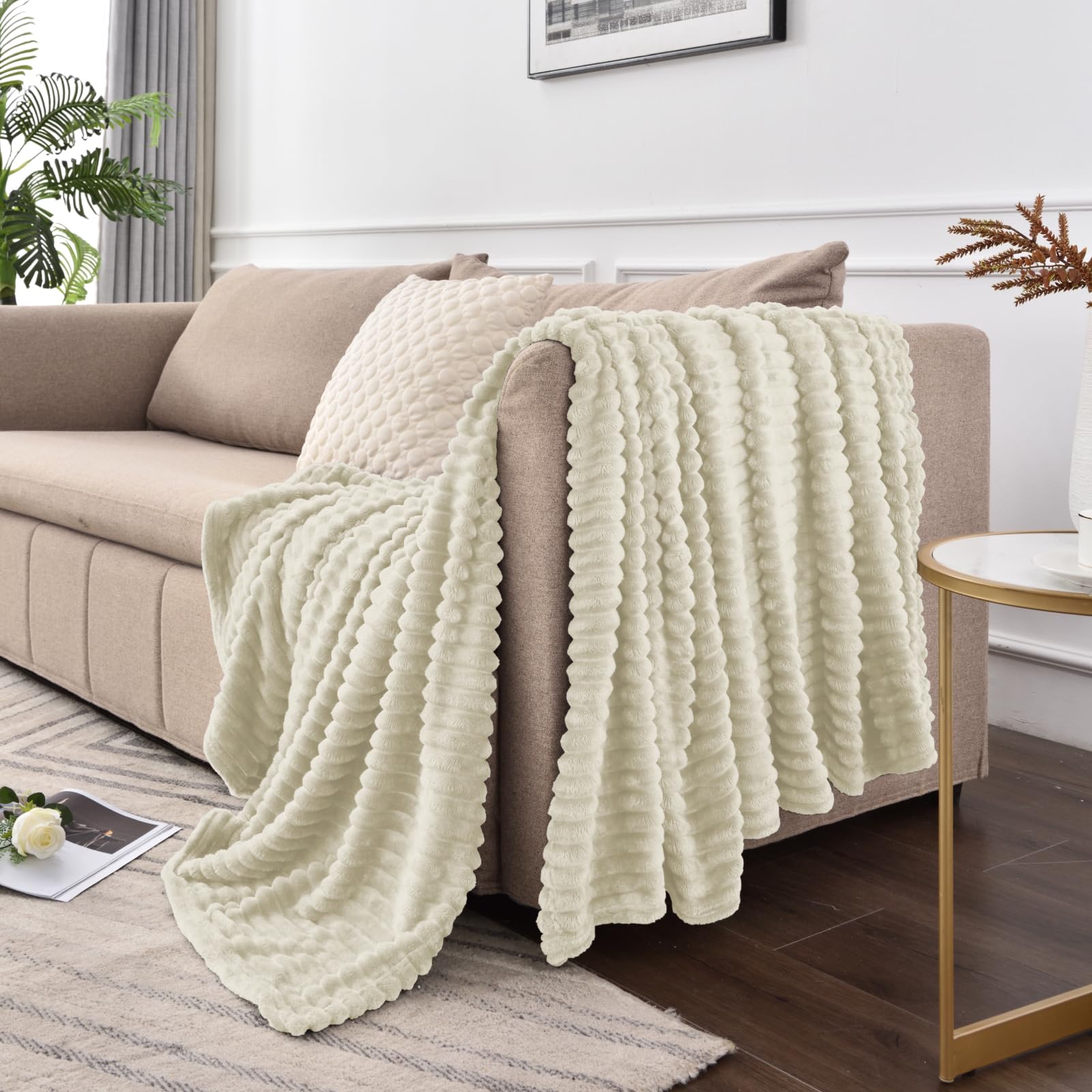 BEDELITE 3D Ribbed Jacquard Beige Blankets Queen Size for Bed, 90x90 Inch