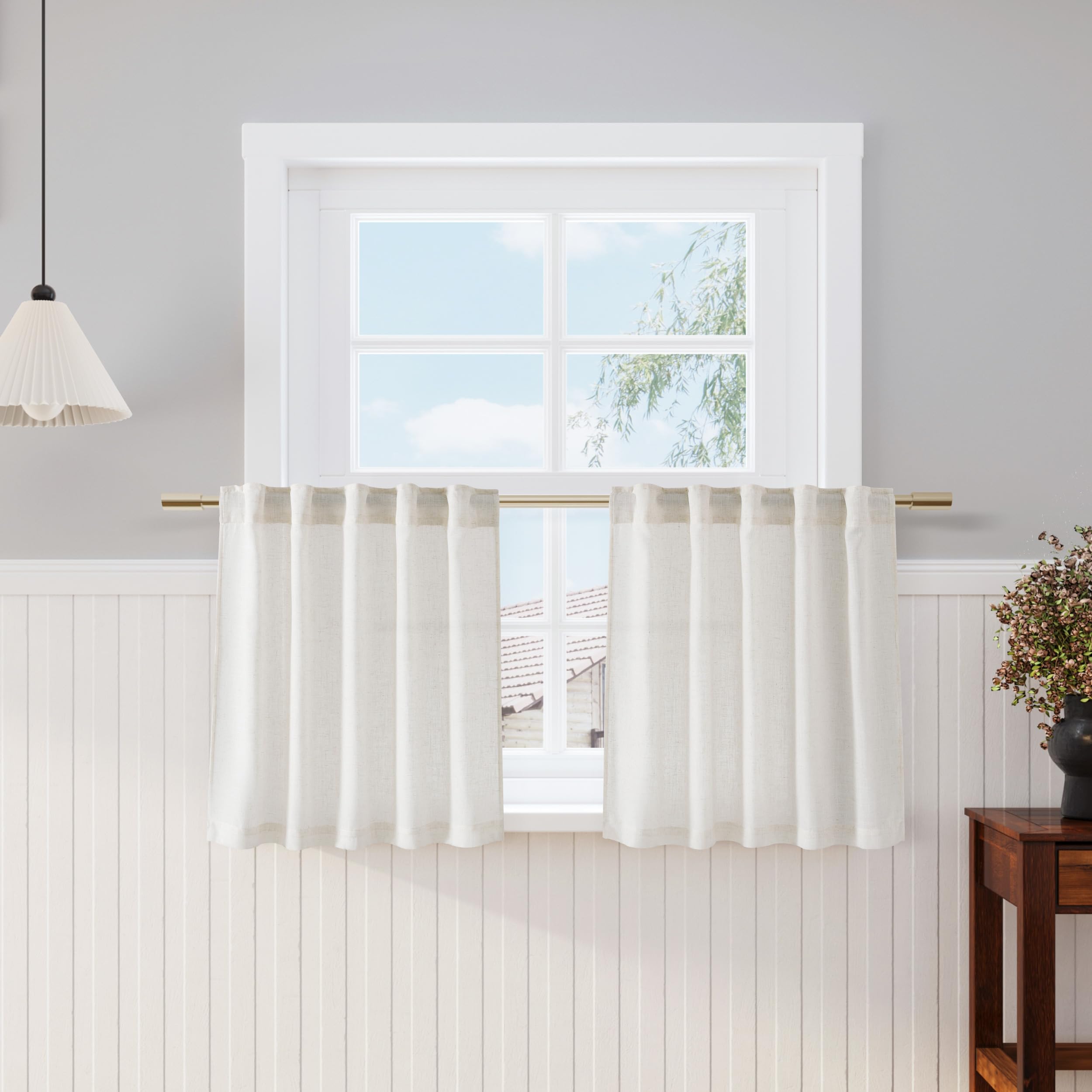 Nanspring Cream Linen Cafe Curtains 24 Inch Length 2 Panels Light Filtering Semi Sheer Mini Curtains for Small Window Basement Bathroom Back Tab Rod Pocket Short Sheer Kitchen Curtain 36x24 Inches