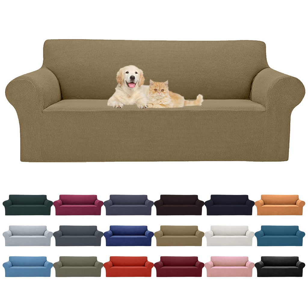 Cupuamon 2026 New Stretch Sofa Slipcovers Couch Cover for 3 Cushion Furniture Protector Sofa Covers with Elastic Bottom Jacquard Fabric Small Checks for Pets, Kids -Sofa, Tan