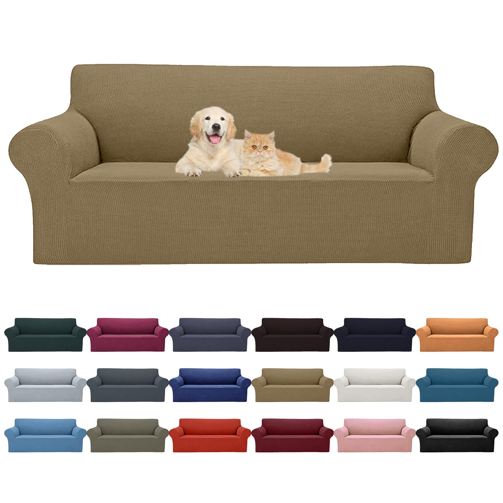 Cupuamon 2026 New Stretch Sofa Slipcovers Couch Cover for 3 Cushion Furniture Protector Sofa Covers with Elastic Bottom Jacquard Fabric Small Checks for Pets, Kids -Sofa, Tan