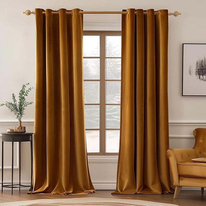 MIULEE Velvet Curtains Golden Brown Elegant Grommet Curtains Thermal Insulated Soundproof Room Darkening Black Out Curtains/Drapes for Classical Living Room Bedroom Decor 52 x 108 Inch Set of 2