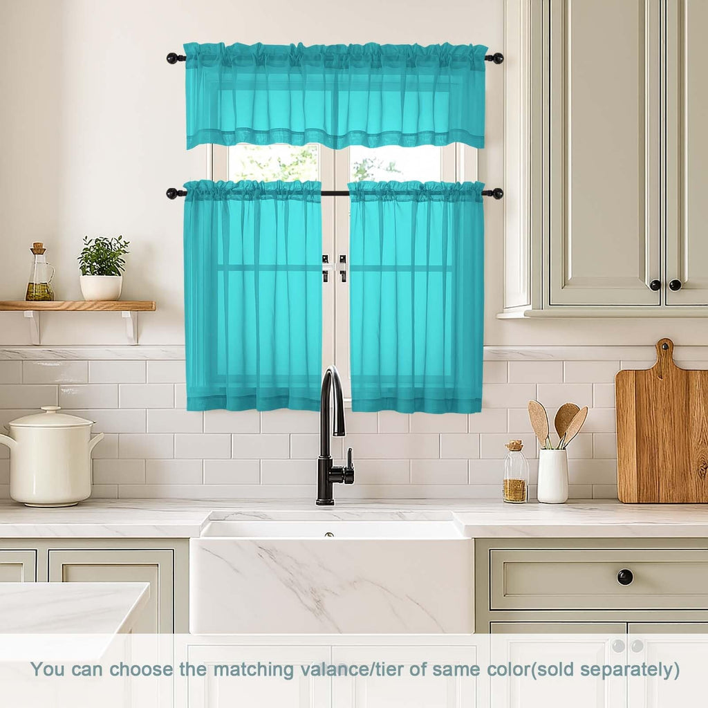 Ebesto Valances for Windows 14 inch Length 2 Panels, Small Voile Sheer Curtains for Bathroom, Soft Fabric Lightweight Light Filtering Kitchen Curtains, Dual Rod Pocket, Turquoise, 2x42Wx14L Inches