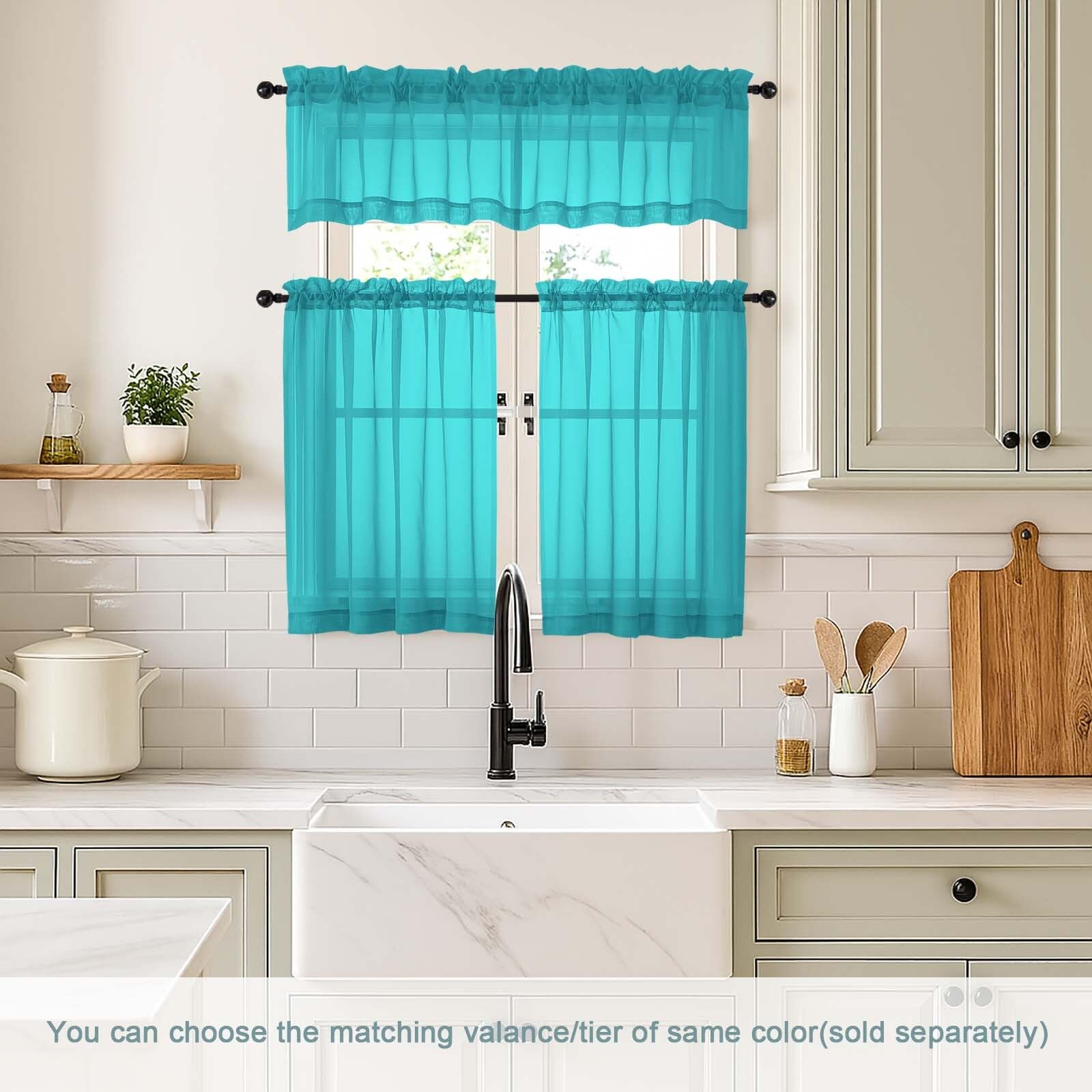 Ebesto Valances for Windows 14 inch Length 2 Panels, Small Voile Sheer Curtains for Bathroom, Soft Fabric Lightweight Light Filtering Kitchen Curtains, Dual Rod Pocket, Turquoise, 2x42Wx14L Inches