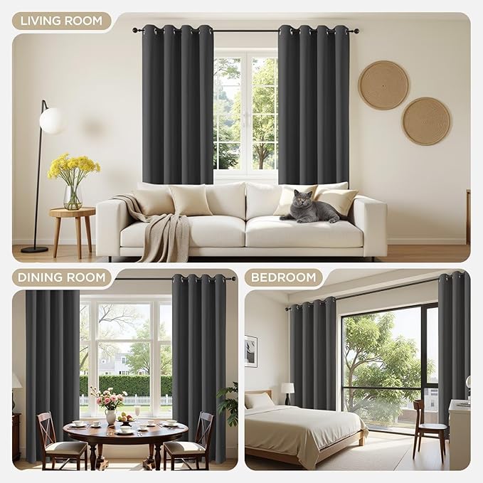 Joydeco Blackout Curtains 90 Inch Length 2 Panels Set, Thermal Insulated Long Curtains& Drapes 2 Burg, Room Darkening Grommet Drapes for Living Room Bedroom Window (Dark Grey, W52 x L90 Inch)