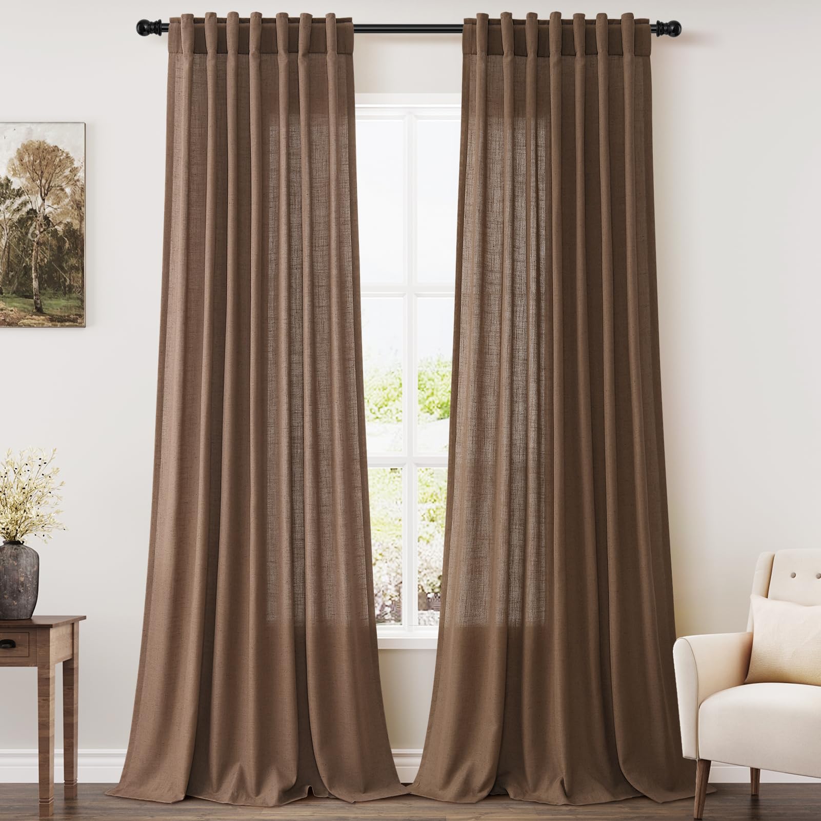Nanspring Mist Sage Linen Curtains Semi Sheer 96 Inches Long 2 Panels Set for Living Room Back Tab Rod Pocket Light Filtering Drape for Bedroom Modern Farmhouse Coastal Decor Protect Privacy 52x96 — 기타