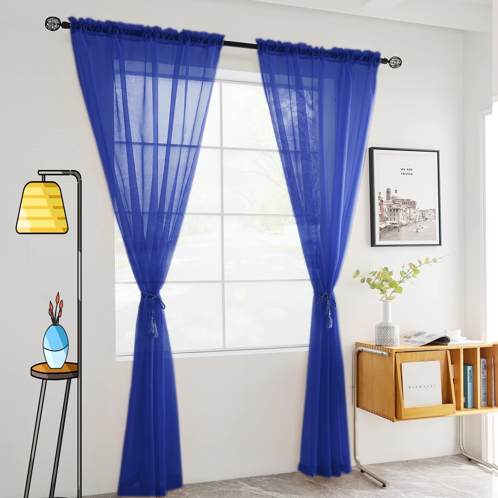 SpaceDresser Sheer Voile Window Treatment Rod Pocket Curtain Panels for Kitchen Bedroom Living Room Drapes Sunlight Filtering Privacy Semi Home Decor Assorted Colors Sizes (Sapphire, 52 W x 84 L)