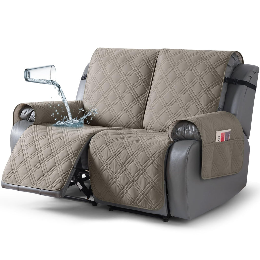 TAOCOCO 100% Waterproof Oversized Loveseat Recliner Cover, Non Slip Split Couch Covers for Reclining Loveseat with Elastic Straps for Kids Pets(Oversized 2 Seater, Light Browm)