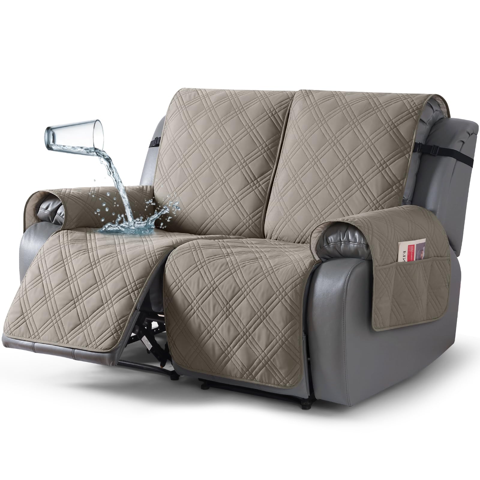 TAOCOCO 100% Waterproof Oversized Loveseat Recliner Cover, Non Slip Split Couch Covers for Reclining Loveseat with Elastic Straps for Kids Pets(Oversized 2 Seater, Light Browm)