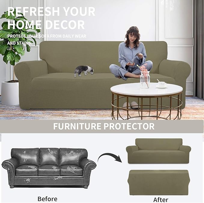 Easy-Going Stretch Sofa Slipcover 1-Piece Sofa Cover Furniture Protector Couch Soft with Elastic Bottom for Kids, Polyester Spandex Jacquard Fabric Small Checks (Sofa, Khaki)