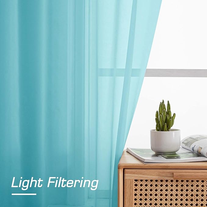 OWENIE Aqua Sheer Curtains for Bedroom Living Room 54 Inch Length 2 Panels Set, Soft Solid Light Filtering Sheer Short Curtains for Small Window, 2 Pcs Total 84 Width 54 Long, Aqua
