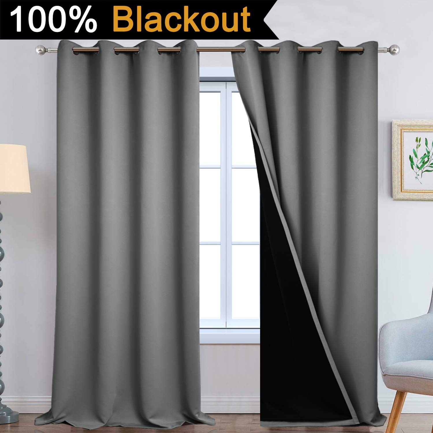 Yakamok Grey Blackout Curtains 108 Inches Long for Bedroom 52" Wide 2 Pcs
