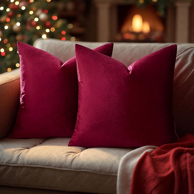 GIGIZAZA Burgundy Velvet Pillow Covers 18x18 Decorative Pillows Pack of 2