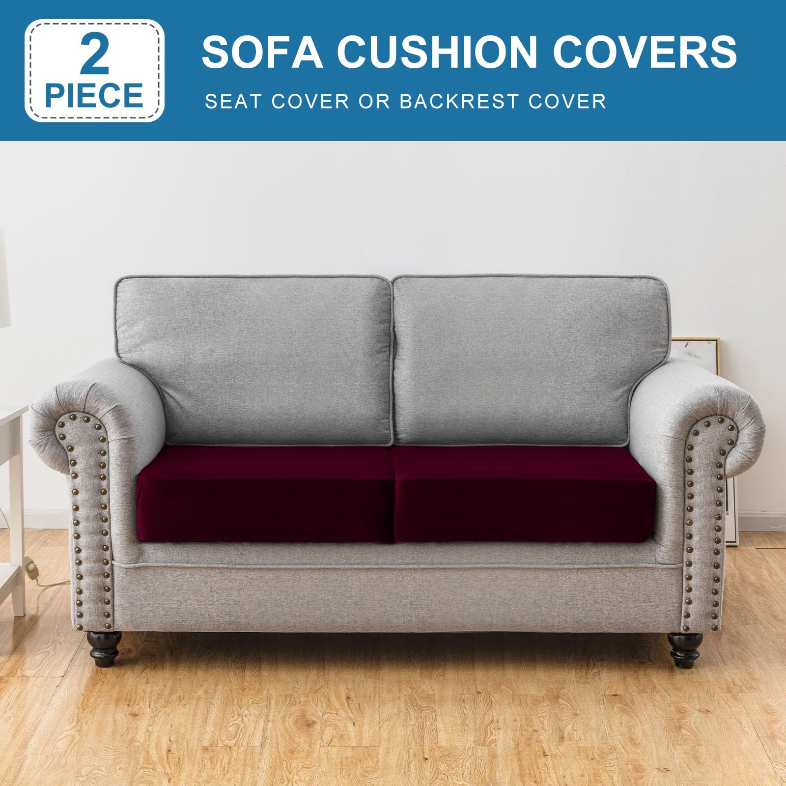 Taque Couch Cover Stretch Velvet Sofa Cushion Cover 2-Piece - Elastic Washable Slipcover for Seat or Backrest, Couch Seat Covers for Sofas (Wine)