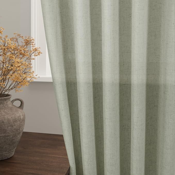 Nanspring Sage Green Linen Curtains 63 Inches Length 2 Panels Set for Living Room Back Tab Pocket Light Filtering Semi Sheer Drapes Cotton Linen Textured Pale Green Window Curtain 52X63 Inches