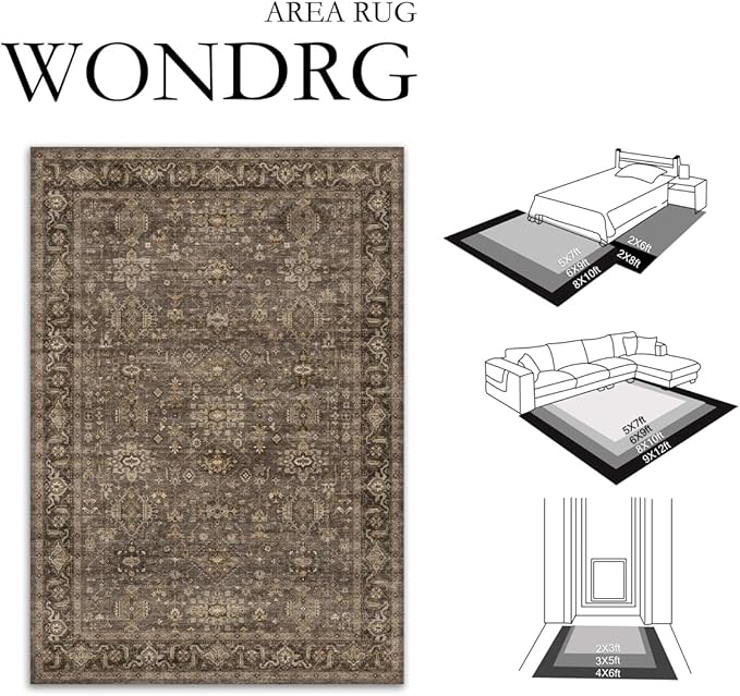 10x12 Washable Area Rug for Living Room Bedroom Vintage Brown Non Slip Carpet Traditional Retro Soft Low Pile Large Throw Rug for Dining Room Kitchen Office Indoor