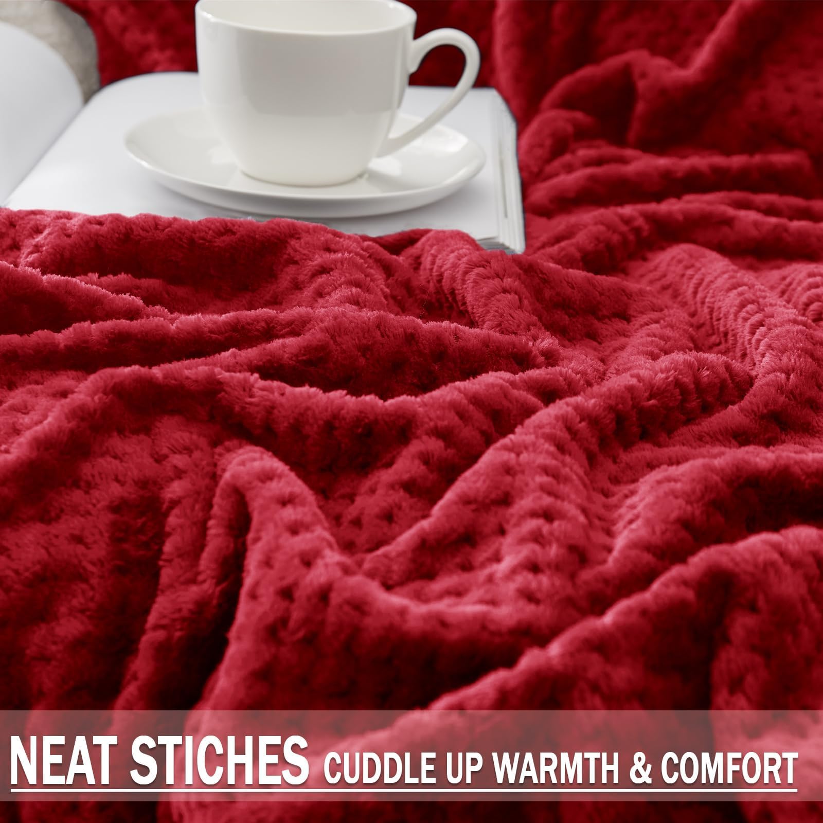 Exclusivo Mezcla Soft Waffle Fleece Bed Blanket Twin XL Size, Deep Red