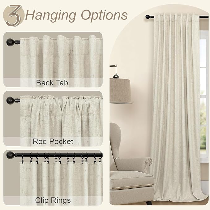 Black Out Burlap Curtains 63 Inch Long Faux Linen Farmhouse Bedroom Blackout Curtain 63 Inches Length 2 Panels Set Energy Saving Noise Reducing Nursery Drape for Bay Window Back Tab Pocket Cream Beige