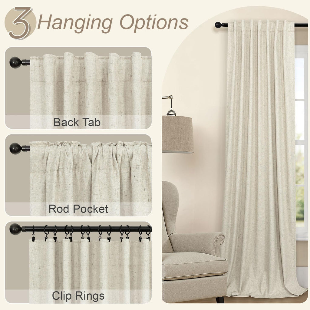 Linen Textured Boho 100% Blackout Small Window Curtains 45 inch Length 2 Panels Country Curtain for Kitchen Door Bathroom Bedroom Living Room Darkening Short Cafe Drape Back Tab Rustic Farmhouse Beige