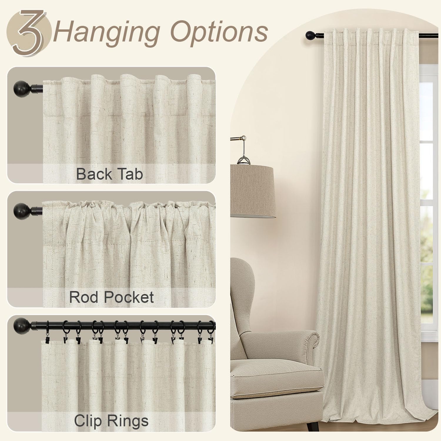 Linen Textured Boho 100% Blackout Small Window Curtains 45 inch Length 2 Panels Country Curtain for Kitchen Door Bathroom Bedroom Living Room Darkening Short Cafe Drape Back Tab Rustic Farmhouse Beige