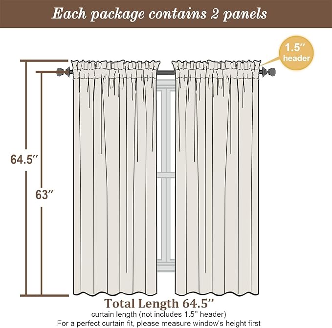 Chyhomenyc Sheer Curtains 63 Inch Length 2 Panels Set - Light Filtering Rod Pocket Window Curtain Treatment Drapes for Bedroom Living Room, 42Wx63L Inch, Denim Blue
