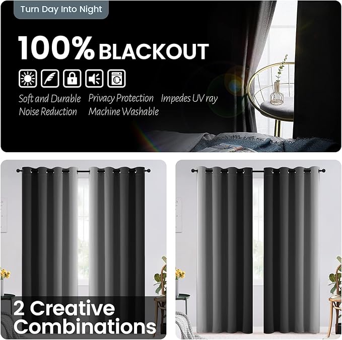 SimpleHome Black and Greyish White Blackout Curtains for Bedroom 72 Inches Long, Room Darkening Grommet Curtains for Living Room,Thermal Insulated Ombre Drapes,2 Panels, 52x72 inches Length
