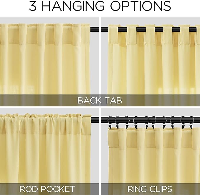 Yellow Linen Curtains 100 inches Long for Bedroom Back Tab Light Filtering Privacy Sheer Yellow Curtains Modern Farmhouse Coastal Decor Cotton Textured Curtain for Living Room 2 Panel Set 52x100