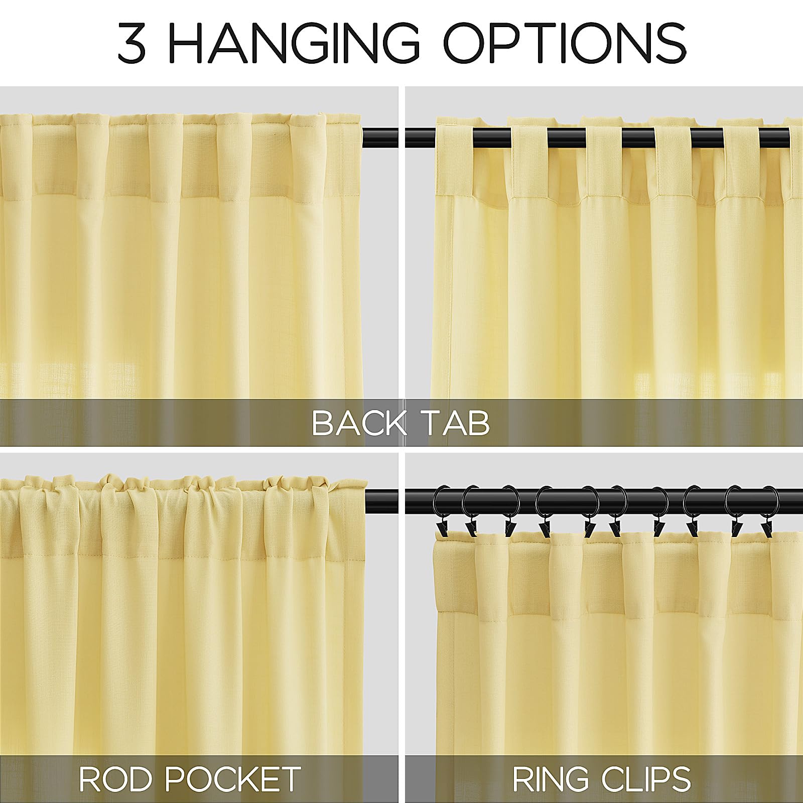 Yellow Linen Blend Drapes 84 Inch Length 2 Panels Set Back Tab Rod Pocket Light Filtering Privacy Semi Sheer Textured Curtain Neutral Farmhouse Decor for Living Room Bedroom Curtains 52x84