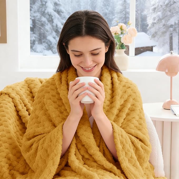 BEDELITE Fleece Blanket - 3D Jacquard Decorative Mustard Yellow Throw Blankets for Couch & Bed, Soft and Cozy Warm Plush Fluffy Blanket All Seasons Suitable, 50x60Inches