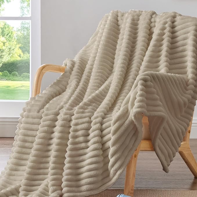 BEDELITE Twin Blanket for Couch & Bed, 300GSM Soft & Warm Fleece Blanket, Decorative and Giftable Striped Linen Blankets for Women, Men, 60"x80"