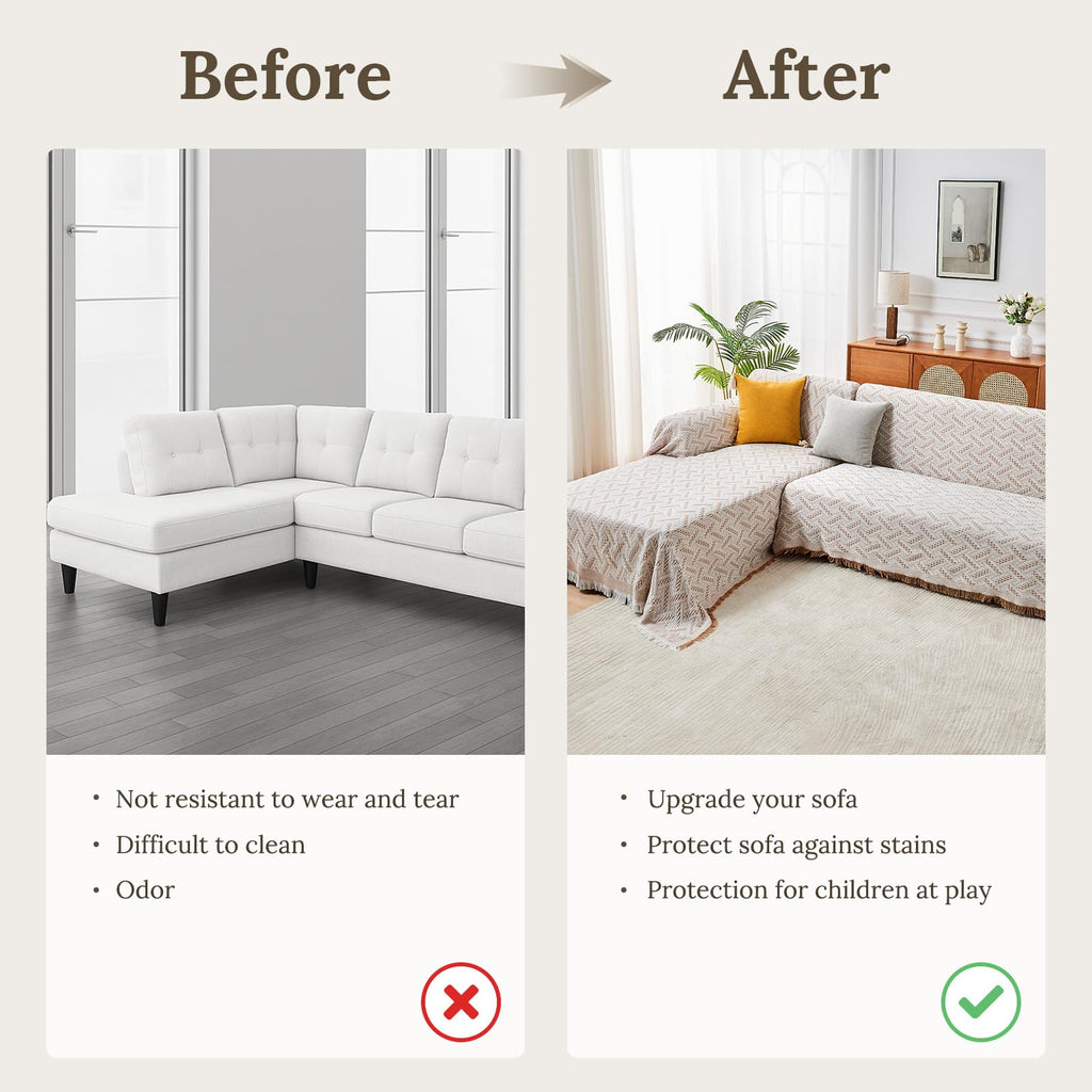 HOMERILLA 2 Piece Sectional Couch Cover for L Shape Sofa Khaki White XL