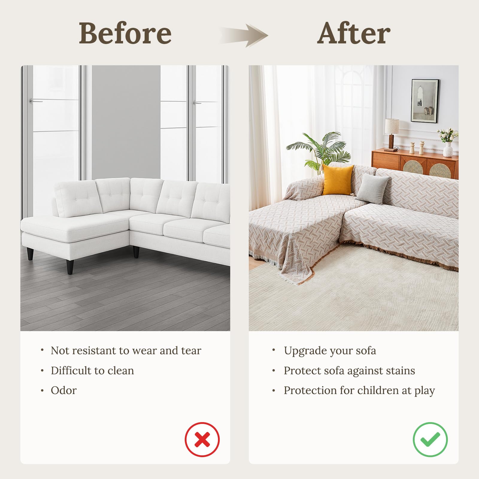 HOMERILLA 2 Piece Sectional Couch Cover for L Shape Sofa Khaki White XL