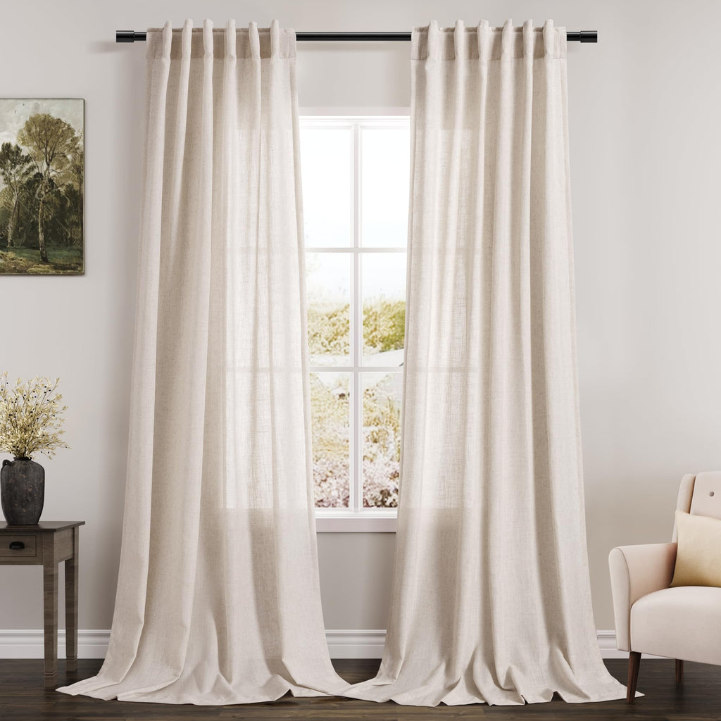 Beige Linen Sheer Curtains 102 Inches 2 Panels Set Back Tab Rod Pocket Extra Long Semi Sheer Light Filter Vintage Curtain Drapes Room Decor Aesthetic Curtains for Living Room High Window 42x102