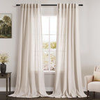 Beige Linen Sheer Curtains 102 Inches 2 Panels Set Back Tab Rod Pocket Extra Long Semi Sheer Light Filter Vintage Curtain Drapes Room Decor Aesthetic Curtains for Living Room High Window 42x102