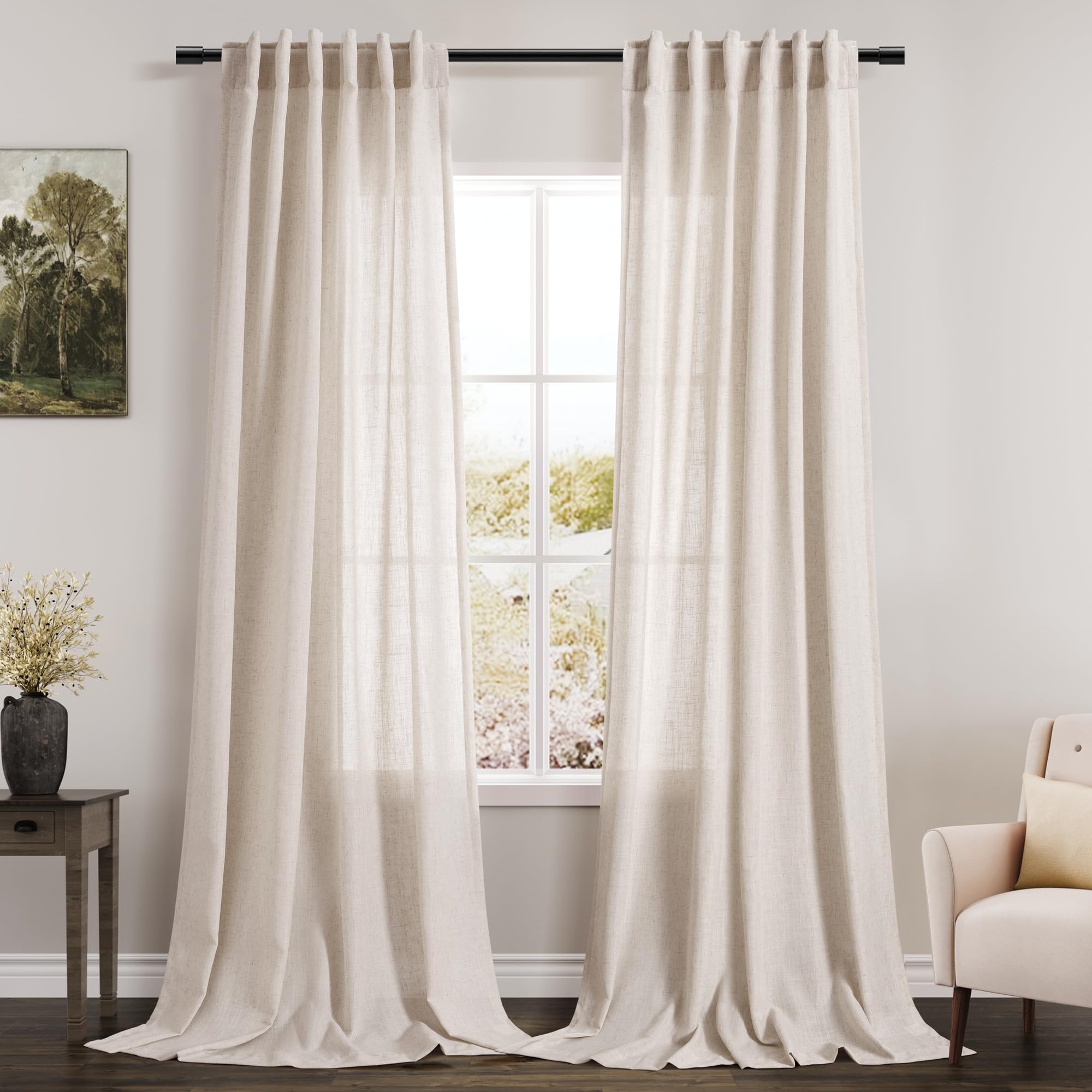 Beige Linen Sheer Curtains 102 Inches 2 Panels Set Back Tab Rod Pocket Extra Long Semi Sheer Light Filter Vintage Curtain Drapes Room Decor Aesthetic Curtains for Living Room High Window 42x102