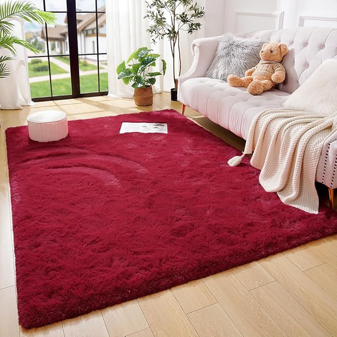Amearea Shag Fluffy Area Rug for Bedroom Girls Living Room, Wine Red 6x9