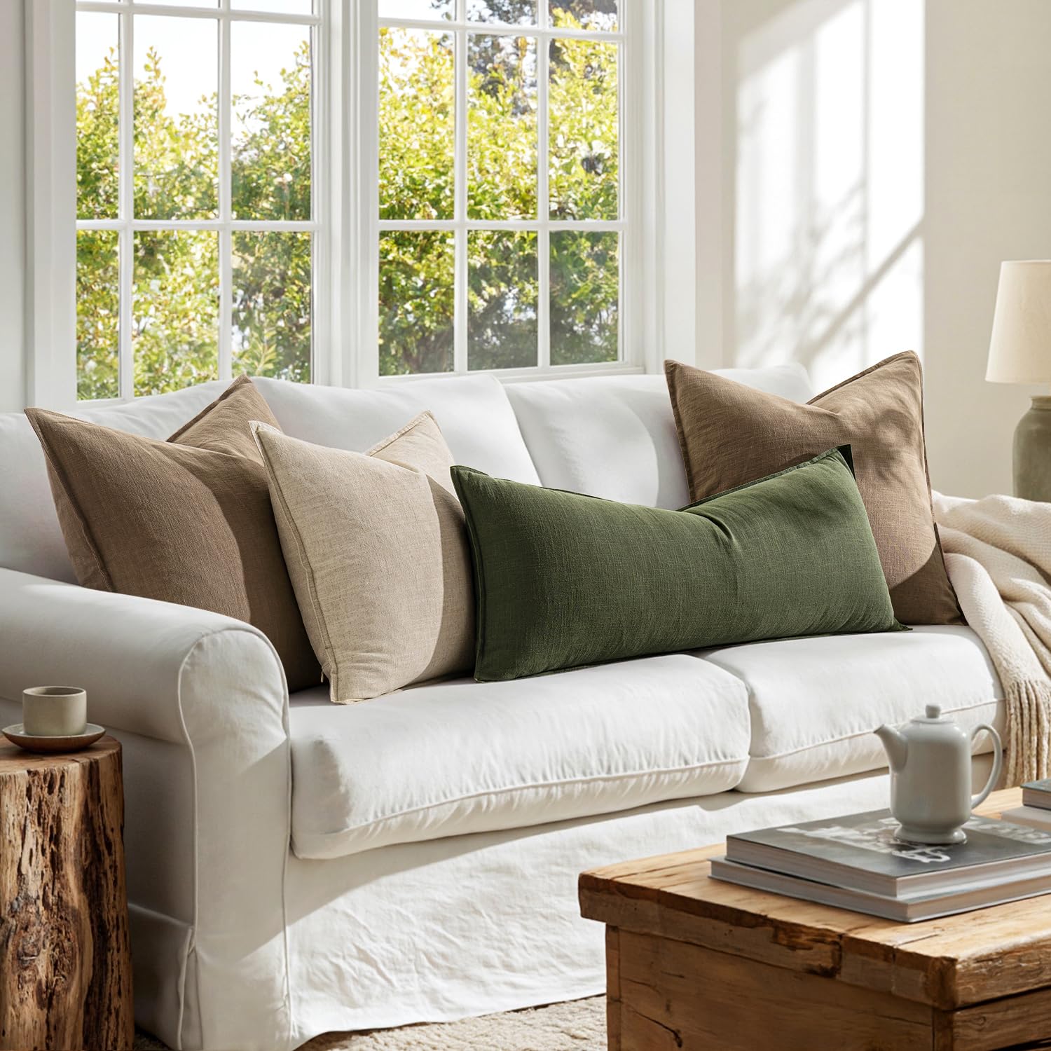 MIULEE Decorative Linen Lumbar Pillow Cover 14x36 Inch Dark Olive Green