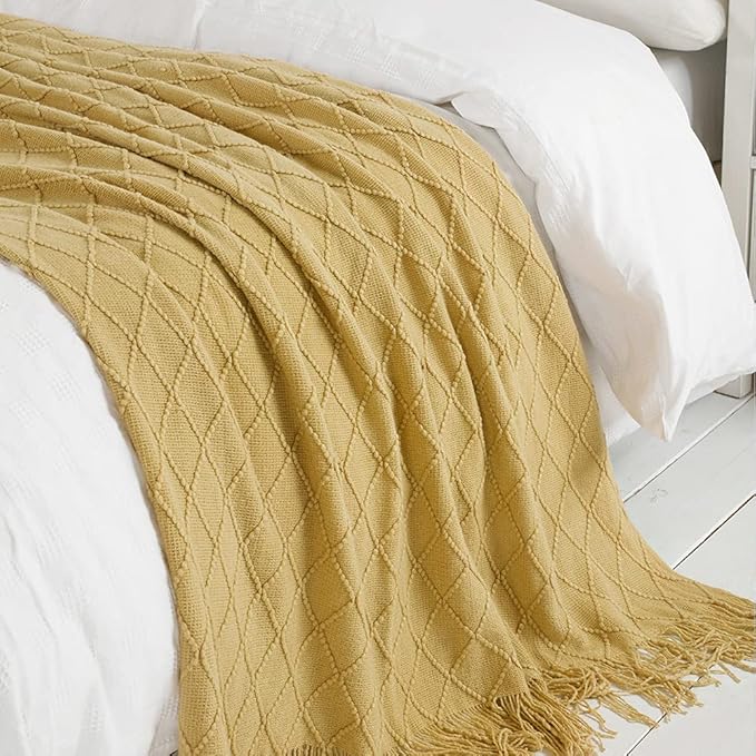BOURINA Mustard Throw Blanket 50 x90 Inches Throw Textured Solid Soft Sofa Throw Bed Runner Couch Cover Knitted Decorative Blanket Bed Runner