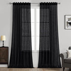 MIULEE Black Linen Curtains 90 Inch Length 2 Panels for Bedroom Living Room, Soft Thick Linen Textured Back Tab Window Drapes Semi Sheer Light Filtering Rod Pocket Modern Farmhouse Halloween Decor