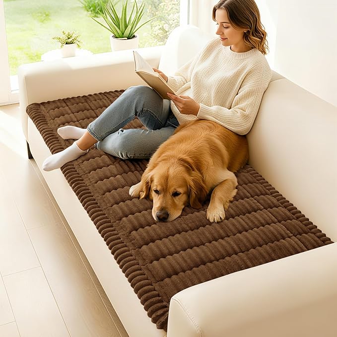 hyha Couch Covers for Dogs Washable, Non Slip Plush Dog Sofa Protectors, Fuzzy Pet Couch Covers for 3 Cushion Sofa Pet Friendly (Brown, 27.6" x 70.9")