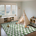 Area Rugs for Bedroom Living Room,4x6 Green and White Fluffy Soft Checkered Rug Fuzzy Shag Shaggy Carpet,Indoor Plush Floor Rugs for Teen Dorm Home Decor