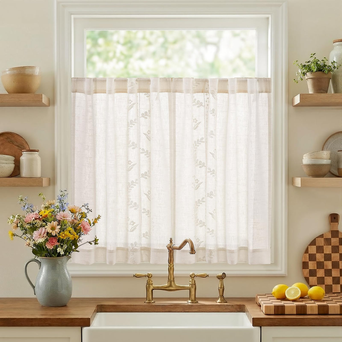 jinchan Floral Linen Curtains 84 Inch Farmhouse Back Tab 2 Panels