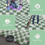 Area Rugs for Bedroom Living Room,4x6 Green and White Fluffy Soft Checkered Rug Fuzzy Shag Shaggy Carpet,Indoor Plush Floor Rugs for Teen Dorm Home Decor