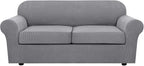H.VERSAILTEX 3 Piece Stretch Sofa Covers for 2 Cushion Sofa Couch Covers for Living Room Furniture Cover (Base Cover Plus 2 Seat Cushion Covers) Thicker Jacquard Fabric(Large Sofa, Dove)