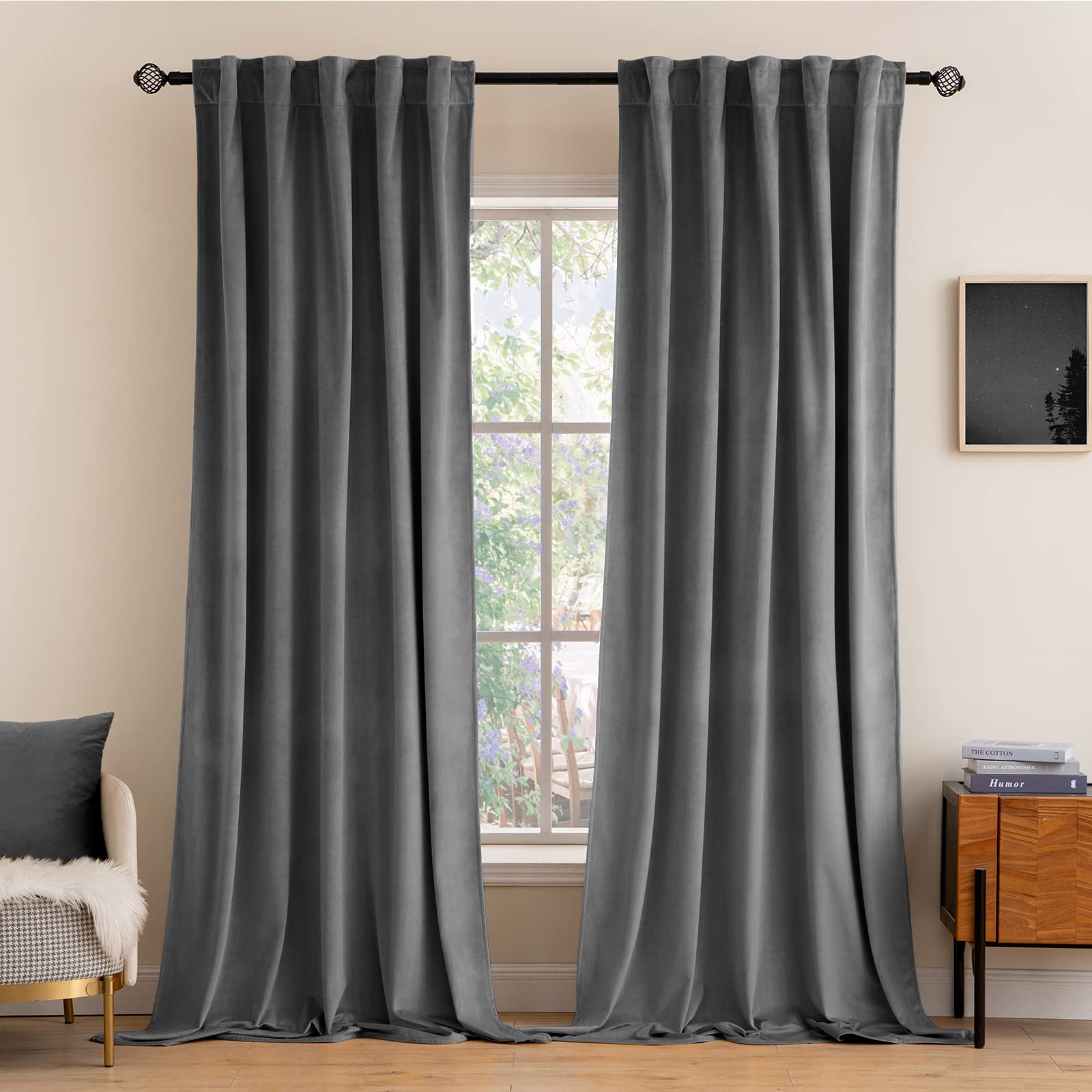MIULEE Grey Velvet Curtains 52x84 inches 2 Panels Luxury Blackout Curtains