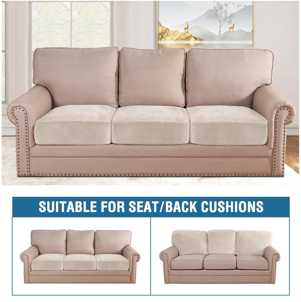 H.VERSAILTEX Velvet Stretch Couch Cushion Cover Plush Cushion Slipcover for Chair Loveseat Sofa Cushion Furniture Protector Seat Cushion Sofa Cover (3 Piece Sofa Cushion Covers, Ivory)