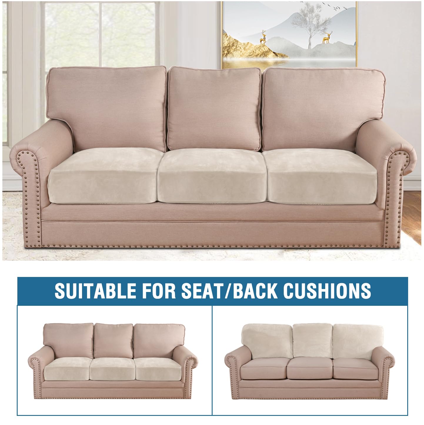 H.VERSAILTEX Velvet Stretch Couch Cushion Cover Plush Cushion Slipcover for Chair Loveseat Sofa Cushion Furniture Protector Seat Cushion Sofa Cover (3 Piece Sofa Cushion Covers, Ivory)